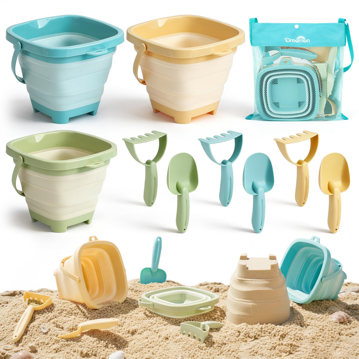 Dreamon beach toys 3-pack with buckets and tools, perfect for easy sandcastle building on sunny days