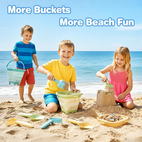 Dreamon collapsible bucket folded flat, stores neatly after a beach day