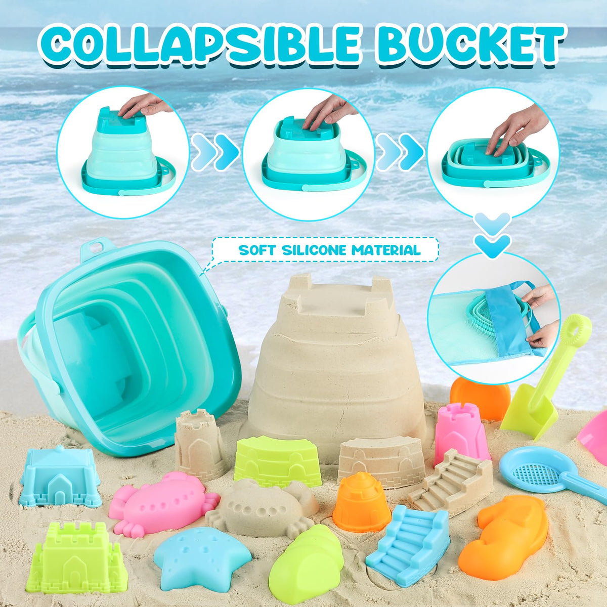 Dreamon Beach Toys colorful molds and shovels enhance creative sand play.