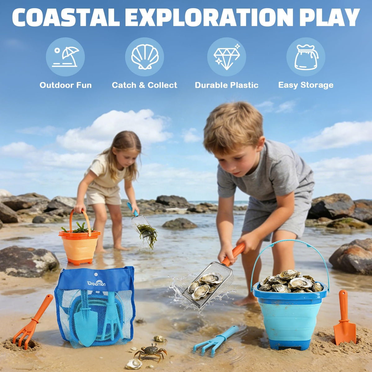 Dreamon mesh bag keeps beach gear organized and sand shakes out easily.