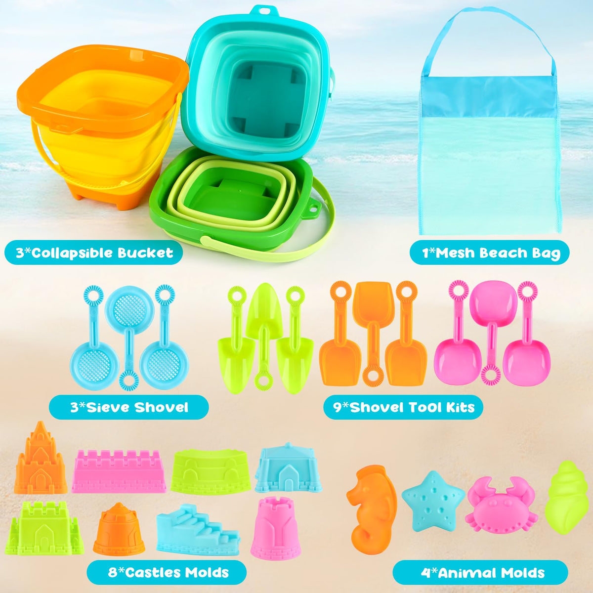 Dreamon Beach Toys travel-friendly set supports on-the-go beach fun.