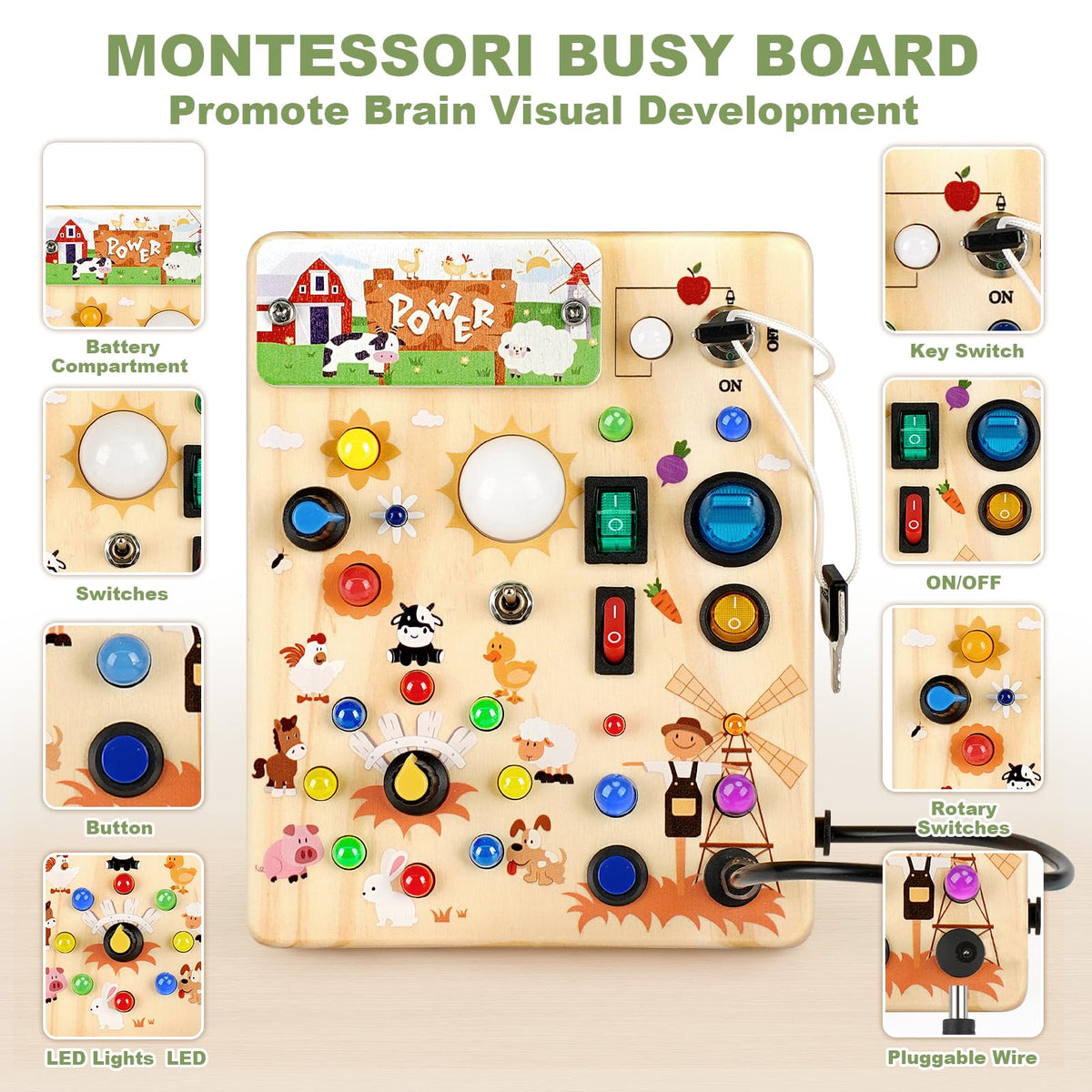Dreamon Busy Board-19-led-lights for vivid sensory engagement.