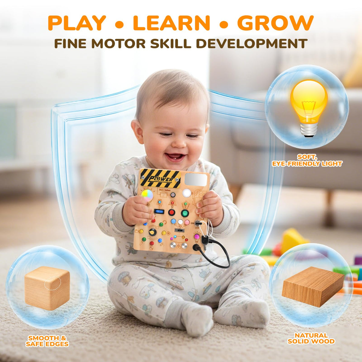 Dreamon Busy Board natural-wood ensures safe, durable play with smooth edges.