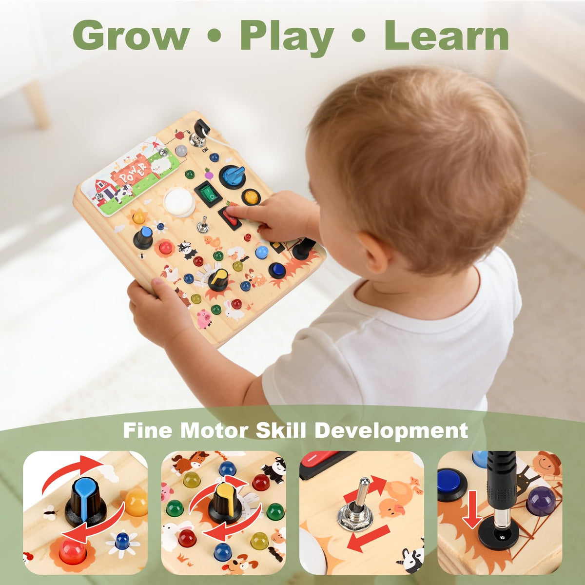 Dreamon Busy Board wooden-construction ensures durable toddler-safe play.