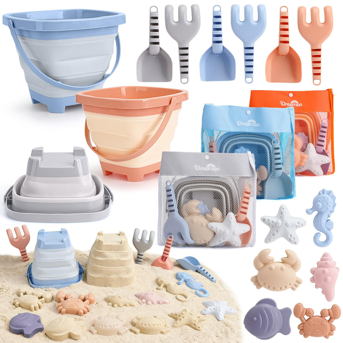 Dreamon collapsible beach buckets set for quick packing and sand play at the shore.