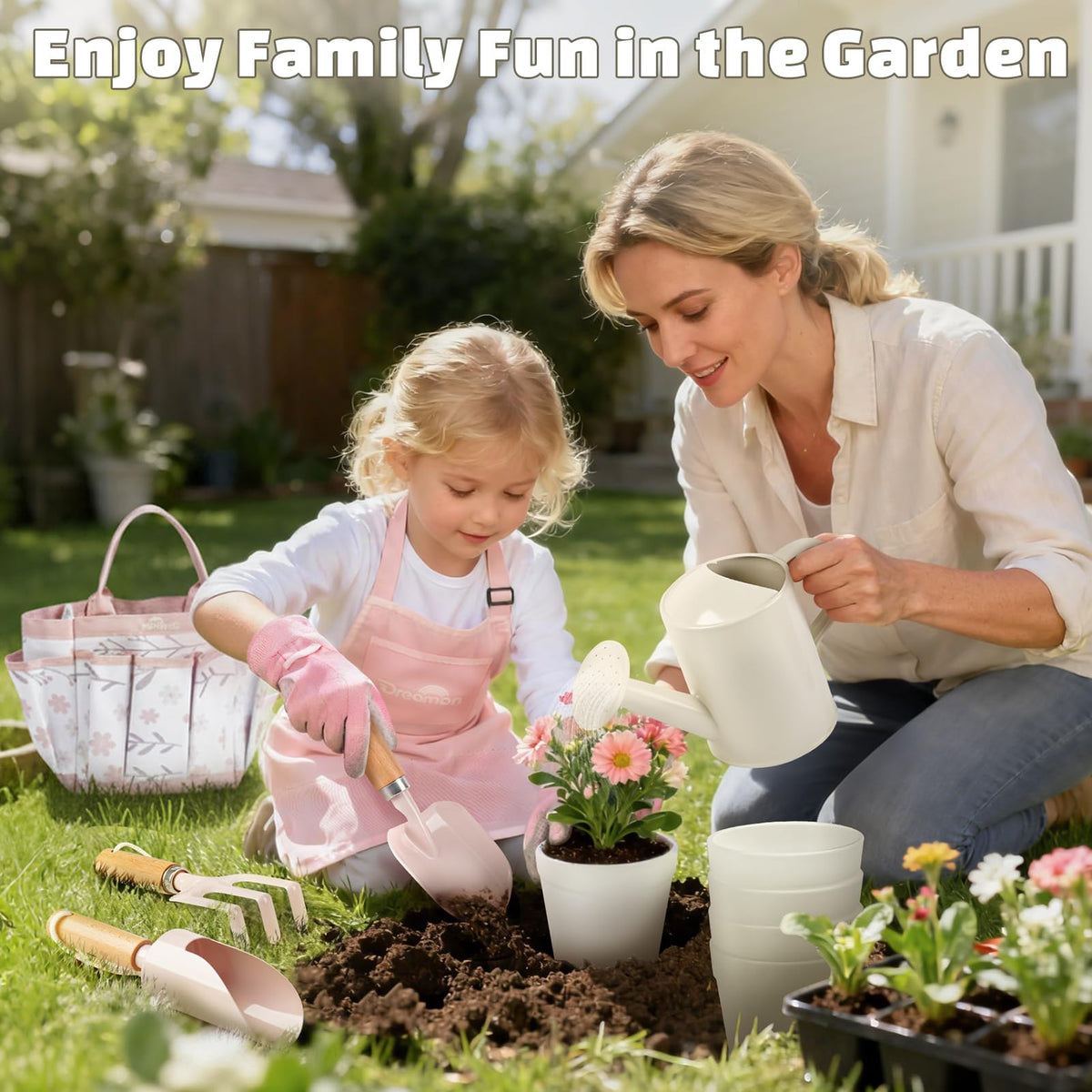 Dreamon kids garden apron protects clothes during planting activities.