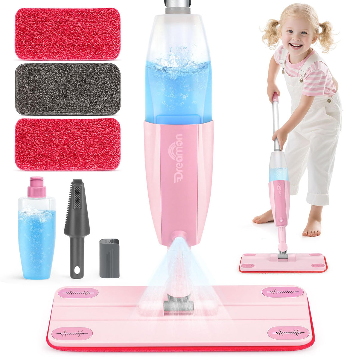 Dreamon Kids Spray Mop pink with realistic spray action for pretend cleaning.