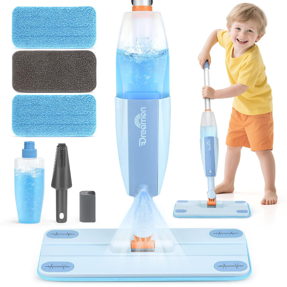 Dreamon Kids Spray Mop showing real spray action for pretend cleaning