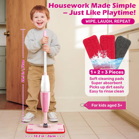Removable squeegee and measuring cup enhance interactive cleaning pretend.