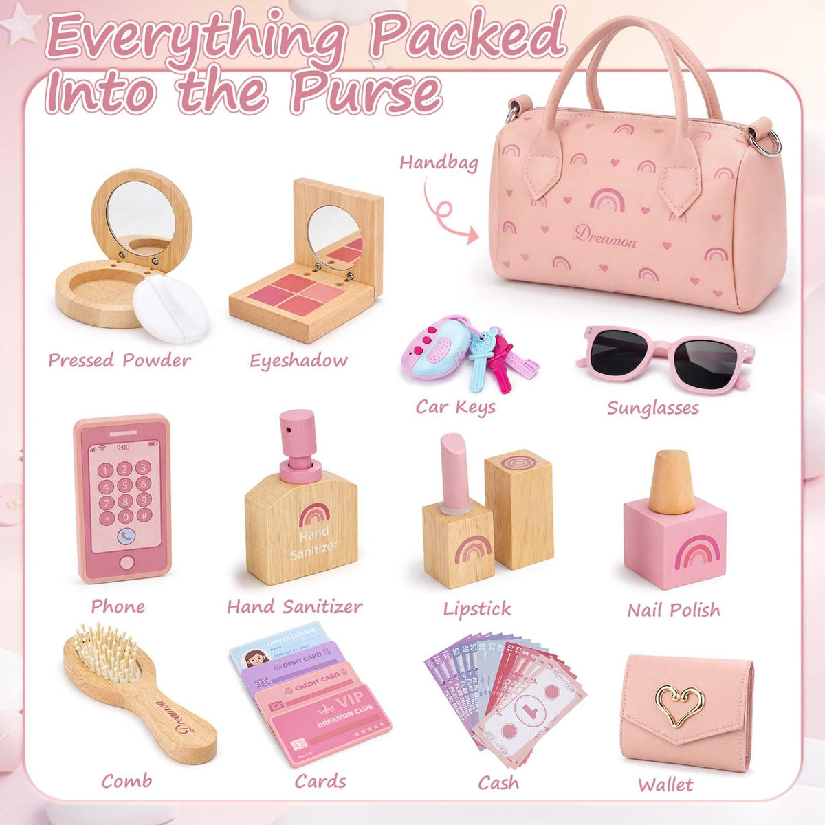 Dreamon Play Purse wooden makeup kit shown with natural finishes for pretend beauty