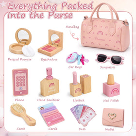 Dreamon Play Purse wooden makeup kit shown with natural finishes for pretend beauty