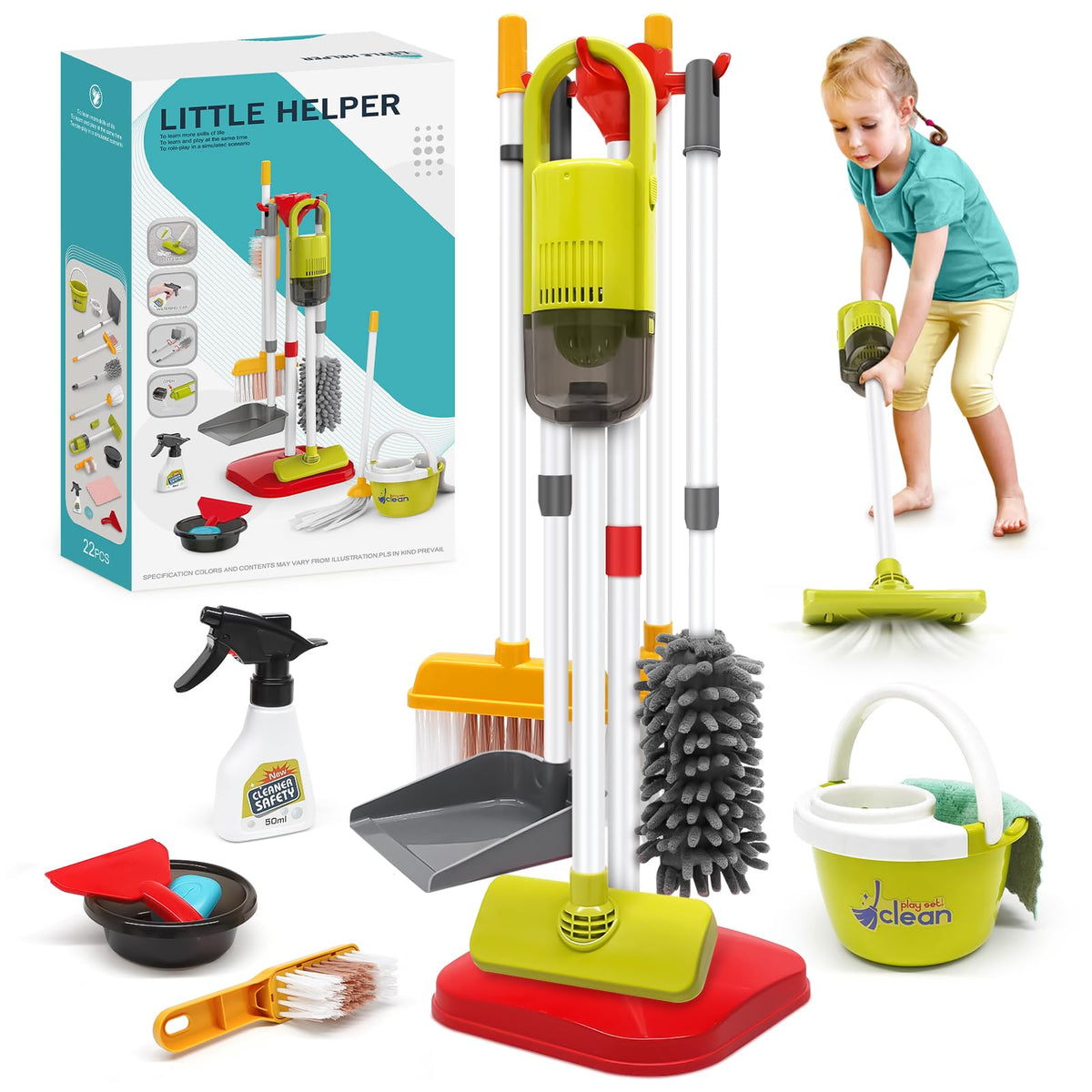 Dreamon Toddler Cleaning Set broom image showing sweeping practice for pretend play
