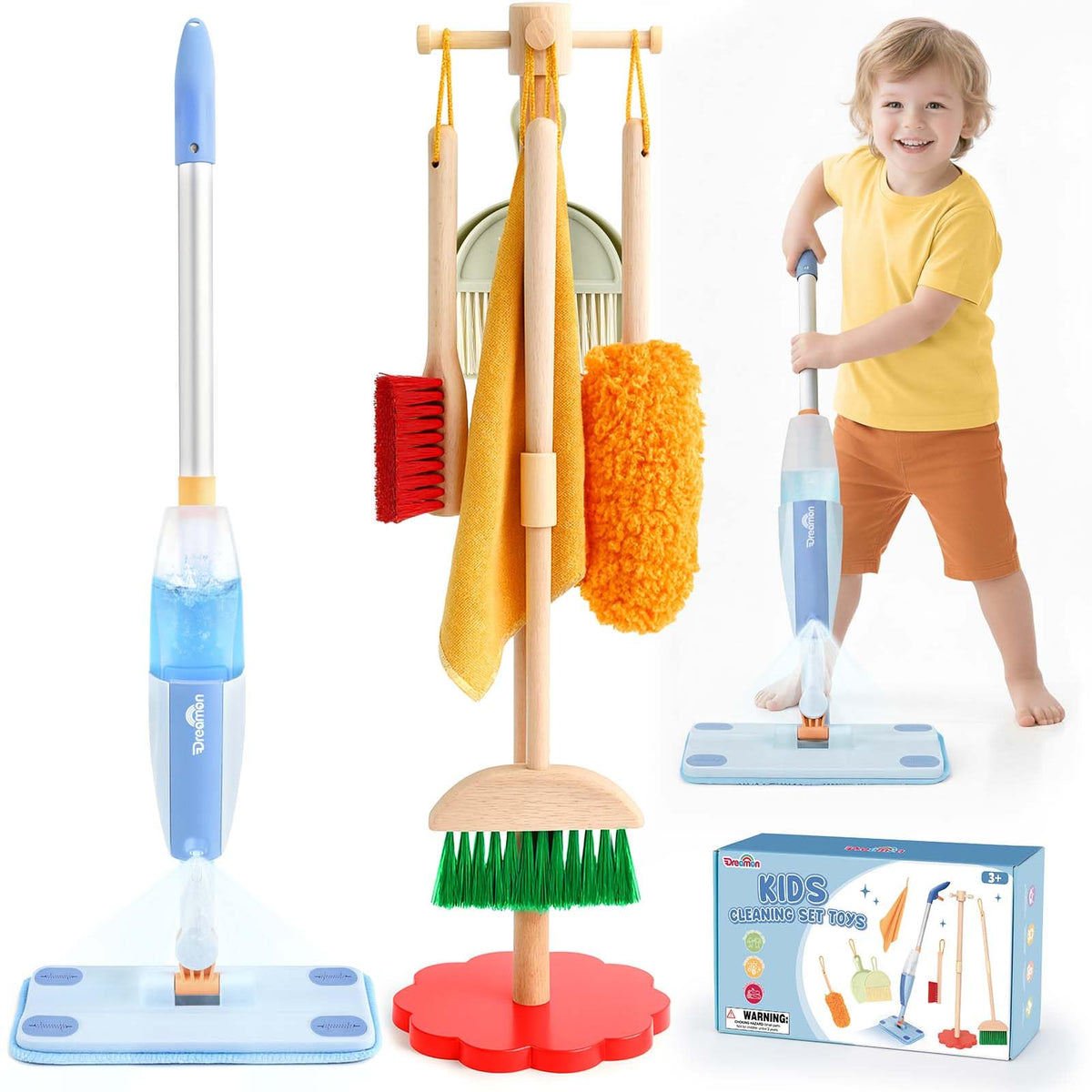 Dreamon wooden toddler cleaning set with spray mop for pretend play and real spray action