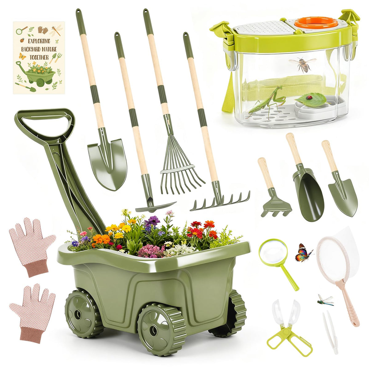 Dreamon wheelbarrow and kid-sized tools enable balanced outdoor gardening play.