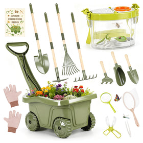 Dreamon wheelbarrow and kid-sized tools enable balanced outdoor gardening play.