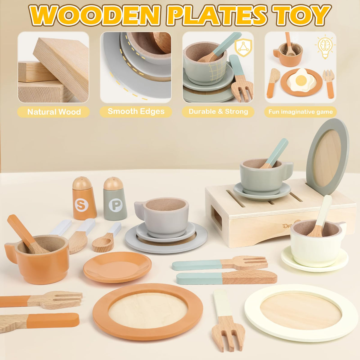 Dreamon wooden cups-and-saucers ready for imaginative tea parties and role-playing.