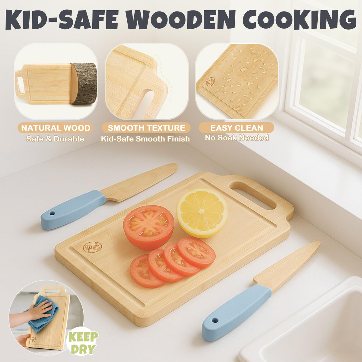Dreamon wooden kitchen utensils kit designed for small hands and steady grip.