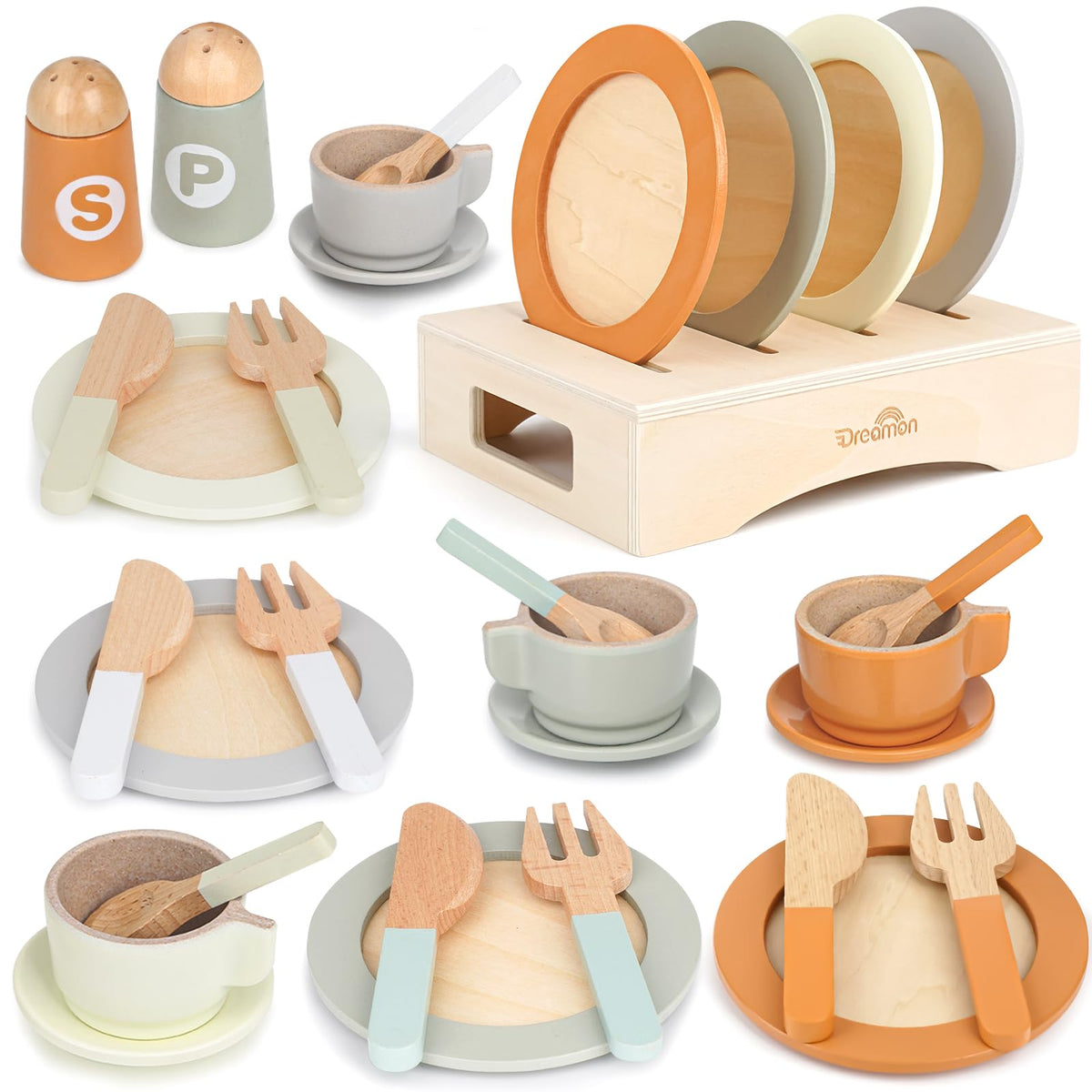 Dreamon wooden play-dishes-plates-set stacked on a stand for organized pretend meals.