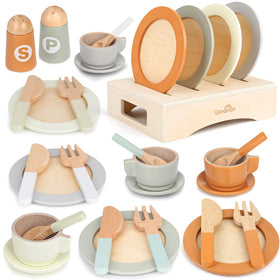 Dreamon wooden play-dishes-plates-set stacked on a stand for organized pretend meals.