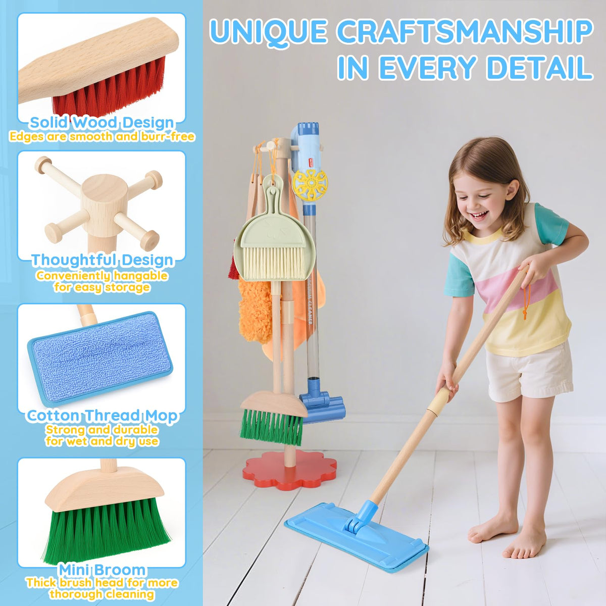 Dreamon wooden toddler cleaning set brush for detailed pretend cleaning