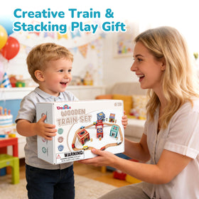 Dreamon wooden train set city scene safe natural wood design for family play.