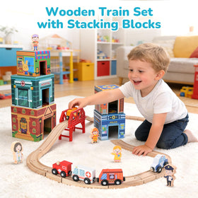 Dreamon wooden train set matching figures and vehicles supports role play and language-rich storytelling.
