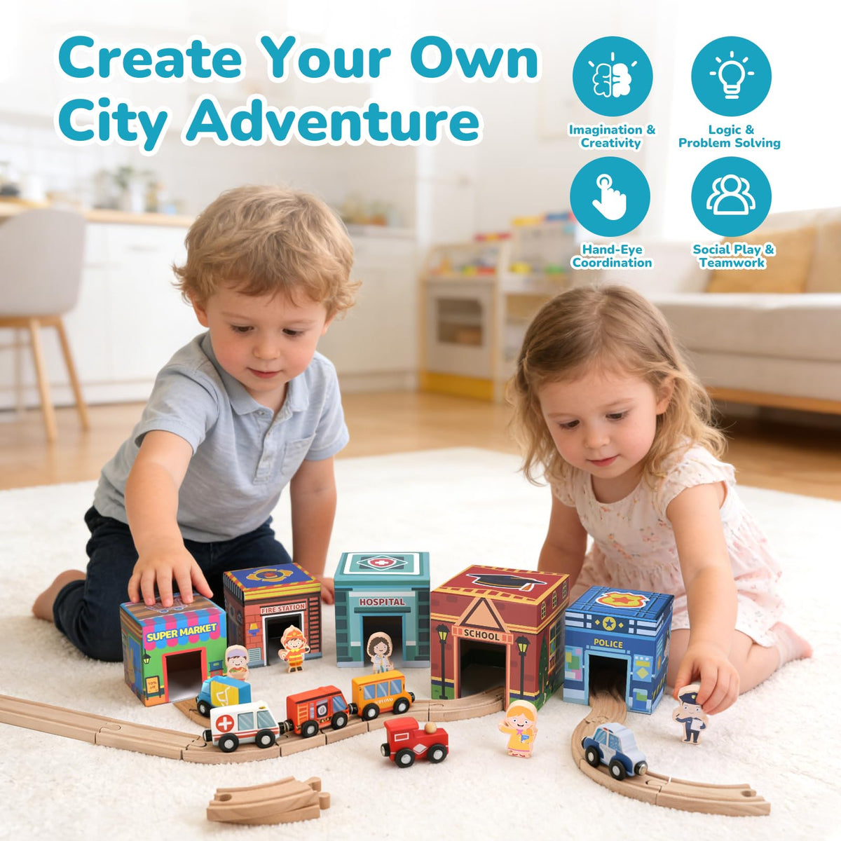 Dreamon wooden train set nesting boxes offer stacking challenges for spatial awareness.