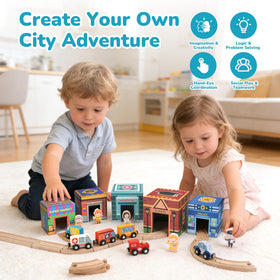 Dreamon wooden train set nesting boxes offer stacking challenges for spatial awareness.