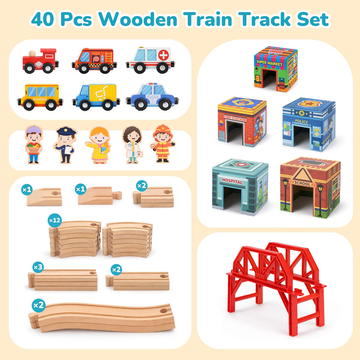 Dreamon wooden train set nesting houses paired figures reinforce real-world role exploration.