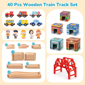 Dreamon wooden train set nesting houses paired figures reinforce real-world role exploration.