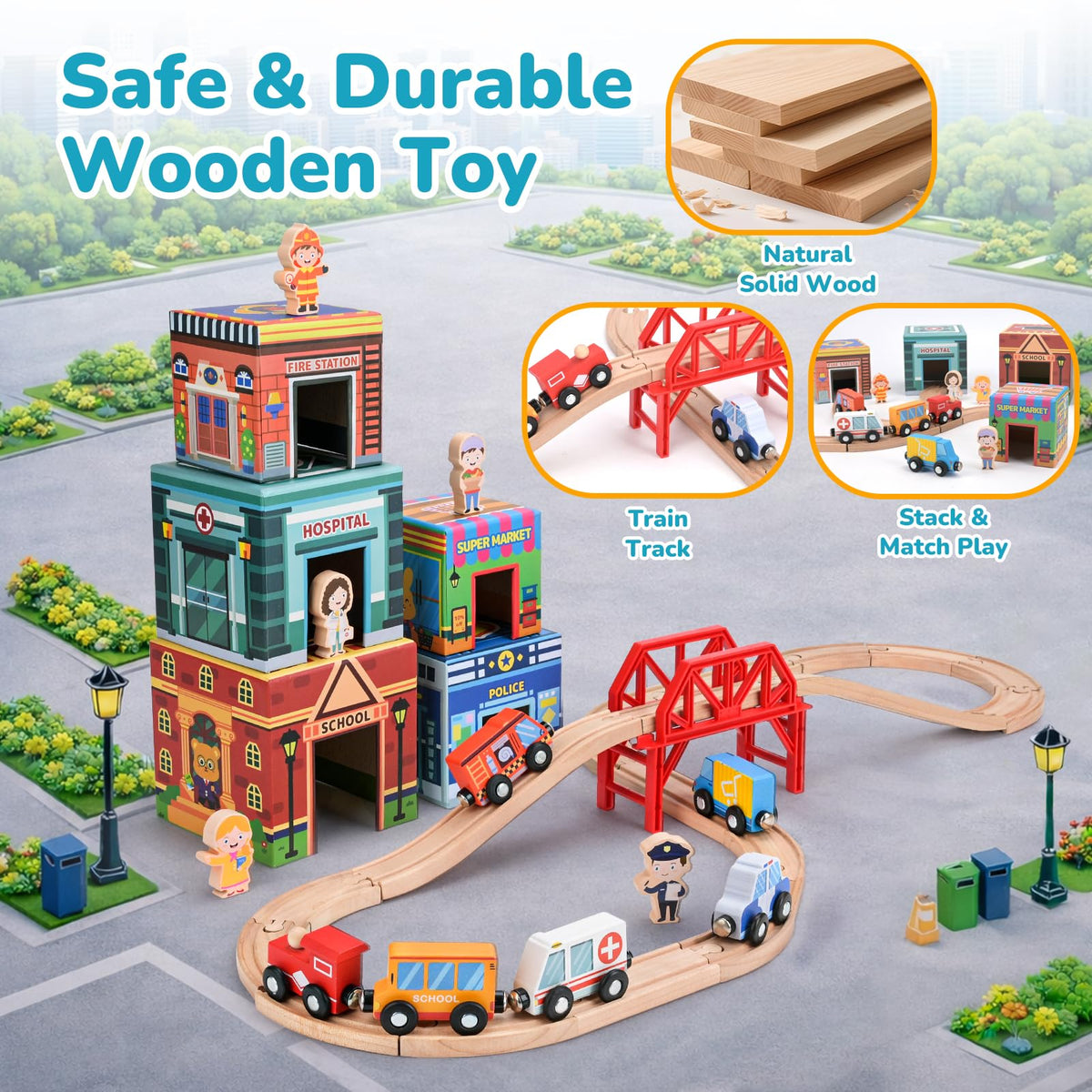Dreamon wooden train set town buildings visualize a connected city for creative planning.