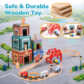 Dreamon wooden train set town buildings visualize a connected city for creative planning.
