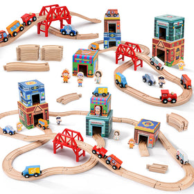 Dreamon wooden train set town tracks and bridge promotes imaginative play and scene-building.