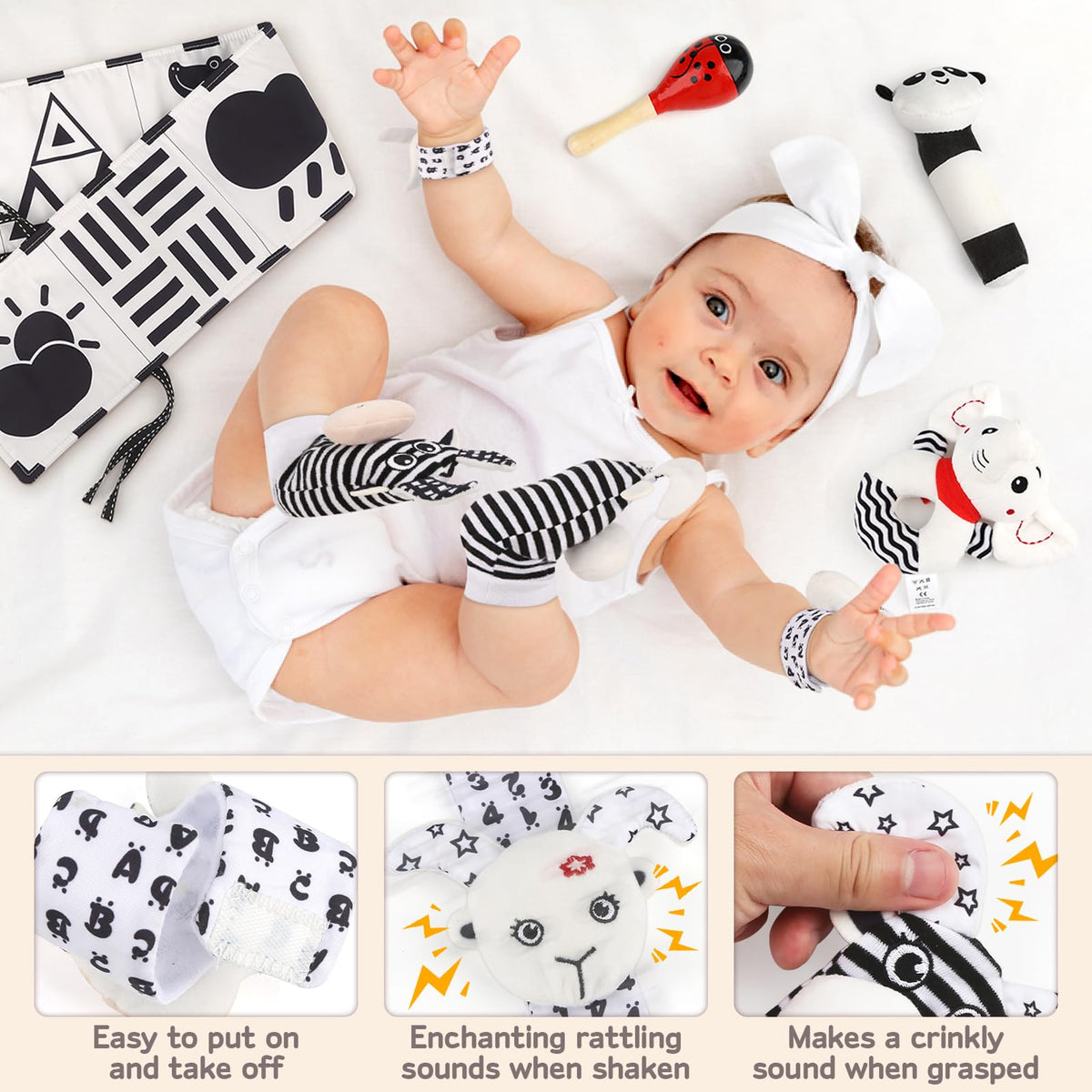 Dreamon wrist rattles and rattle socks stimulate grasping and auditory curiosity