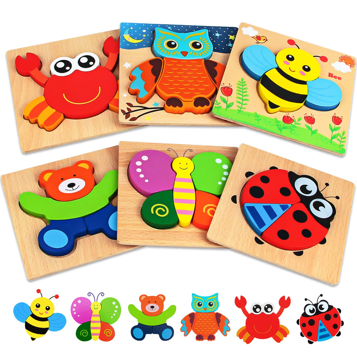 Dreampark group of six animal wooden puzzles for toddlers, safe and colorful.