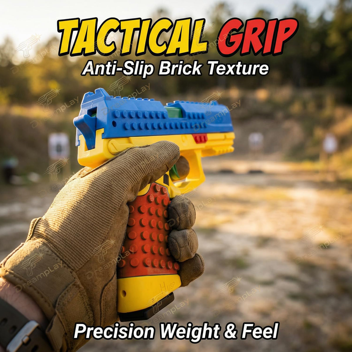 Dreamplay LEGO-compatible blue blaster integrated with bricks for seamless play
