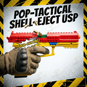 Dreamplay Lego-compatible shooting toy in red encourages imaginative block building.