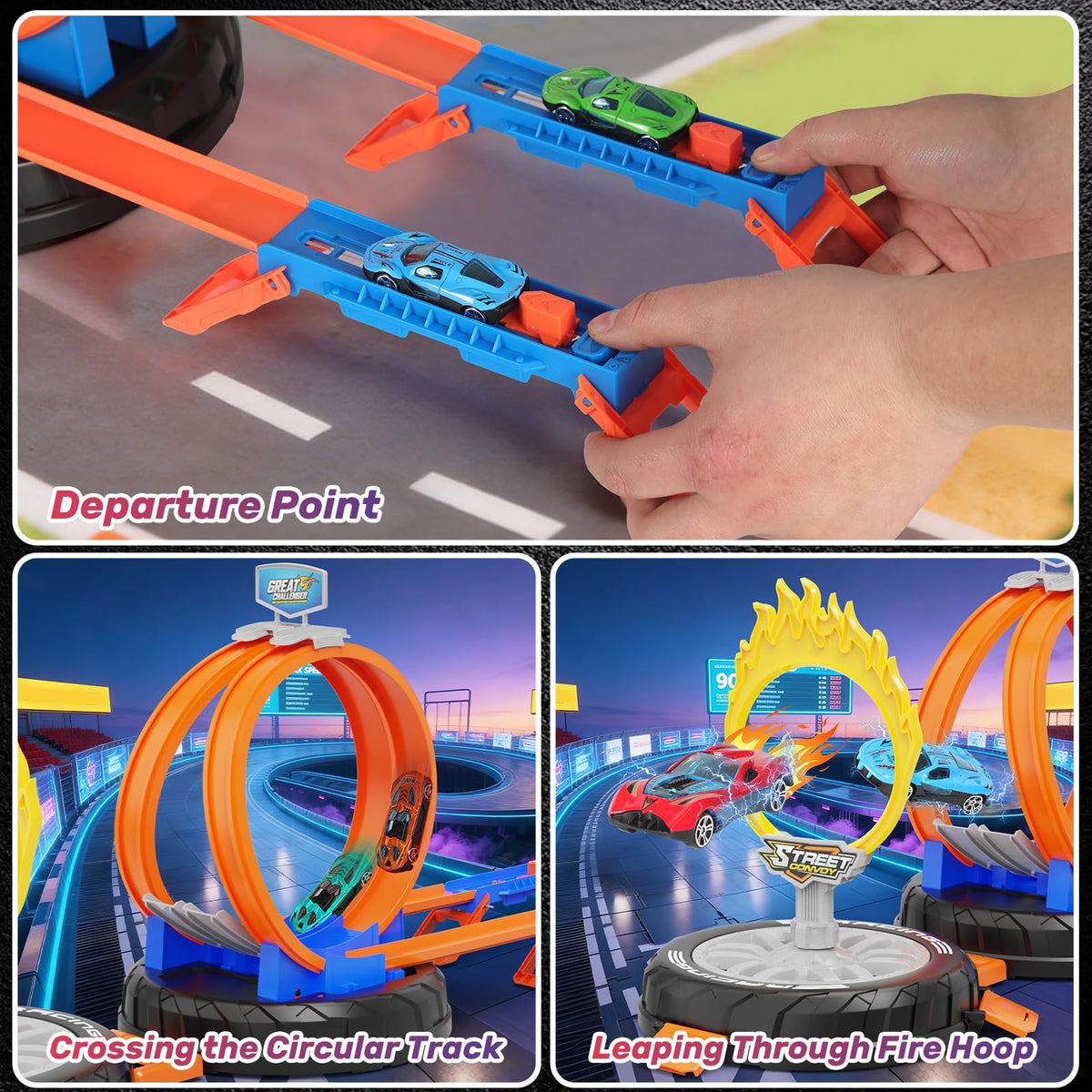 Dreamtailor race track with dual launchers enabling two-car action for cooperative play.