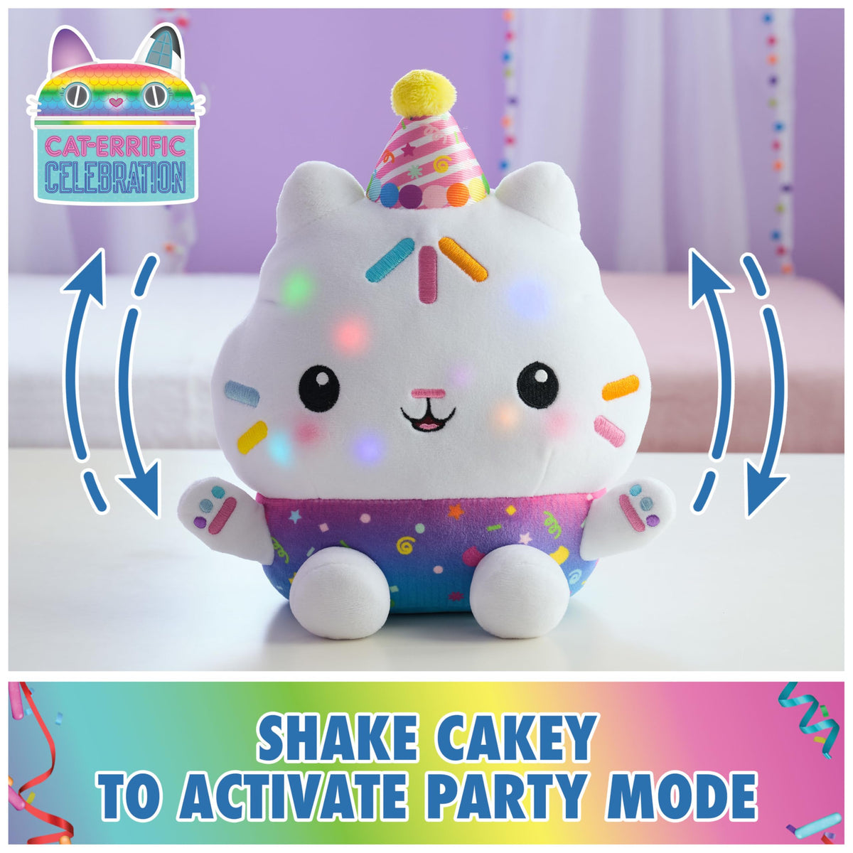 DreamWorks Gabby's Dollhouse Cakey Cat plush with interactive sounds for pretend play.