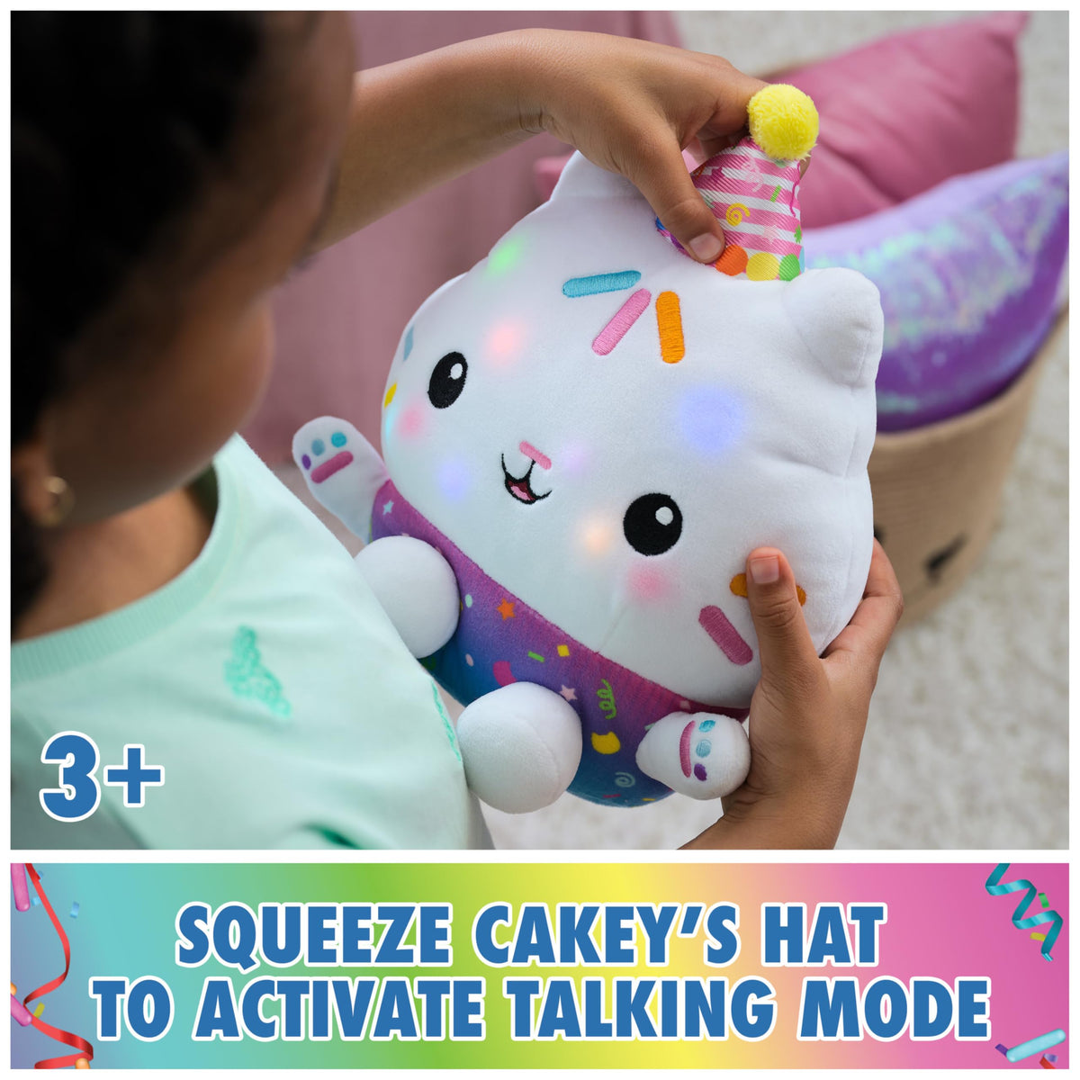 Close-up of Cakey’s celebrations attire and sprinkles for imaginative play.