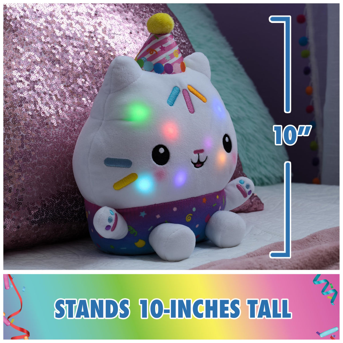 Party hat close-up on Cakey Cat for colorful role play.