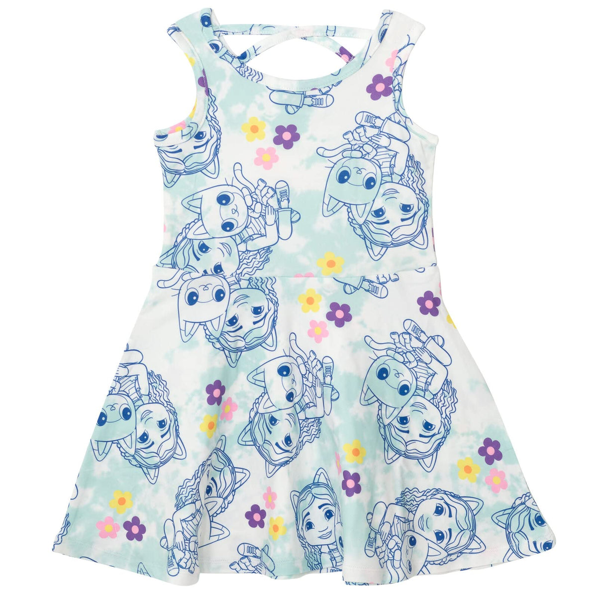 DreamWorks Gabby’s Dollhouse Gabby Kitty Fairy Pandy Paws dress print close-up with glitter texture and soft print