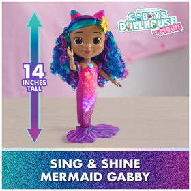 Gabby’s Dollhouse Sing and Shine Mermaid Gabby waterproof with color-changing tail for splashy play