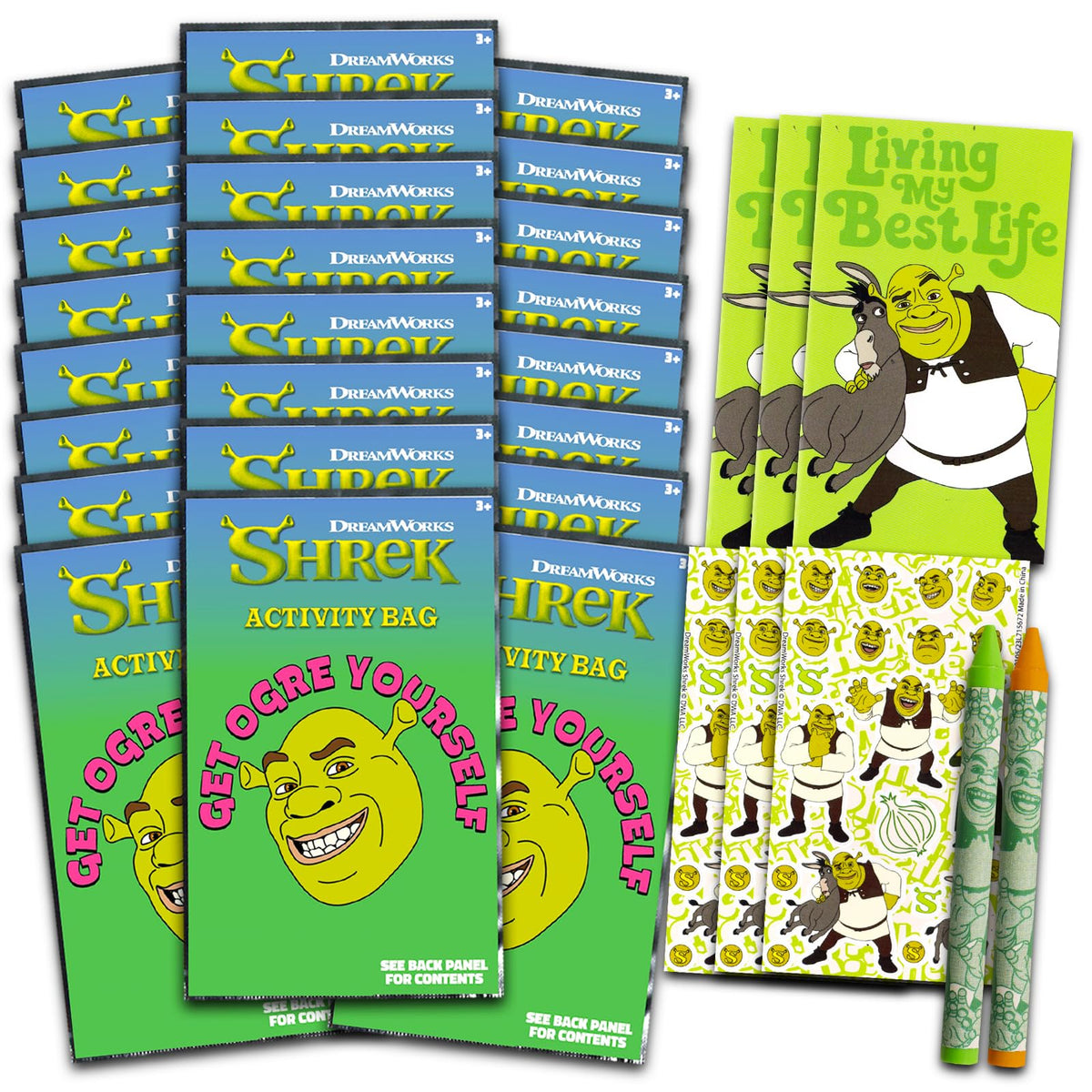 DreamWorks Shrek birthday favors set with 24 play packs for engaging party activities.