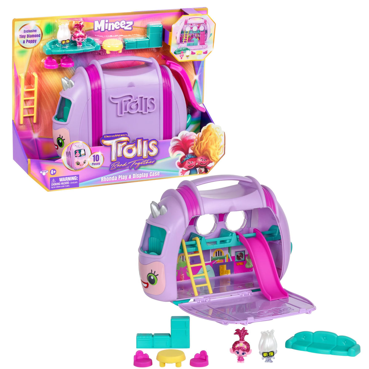 DreamWorks Trolls Band Together Rhonda play case open showing Mineez in action