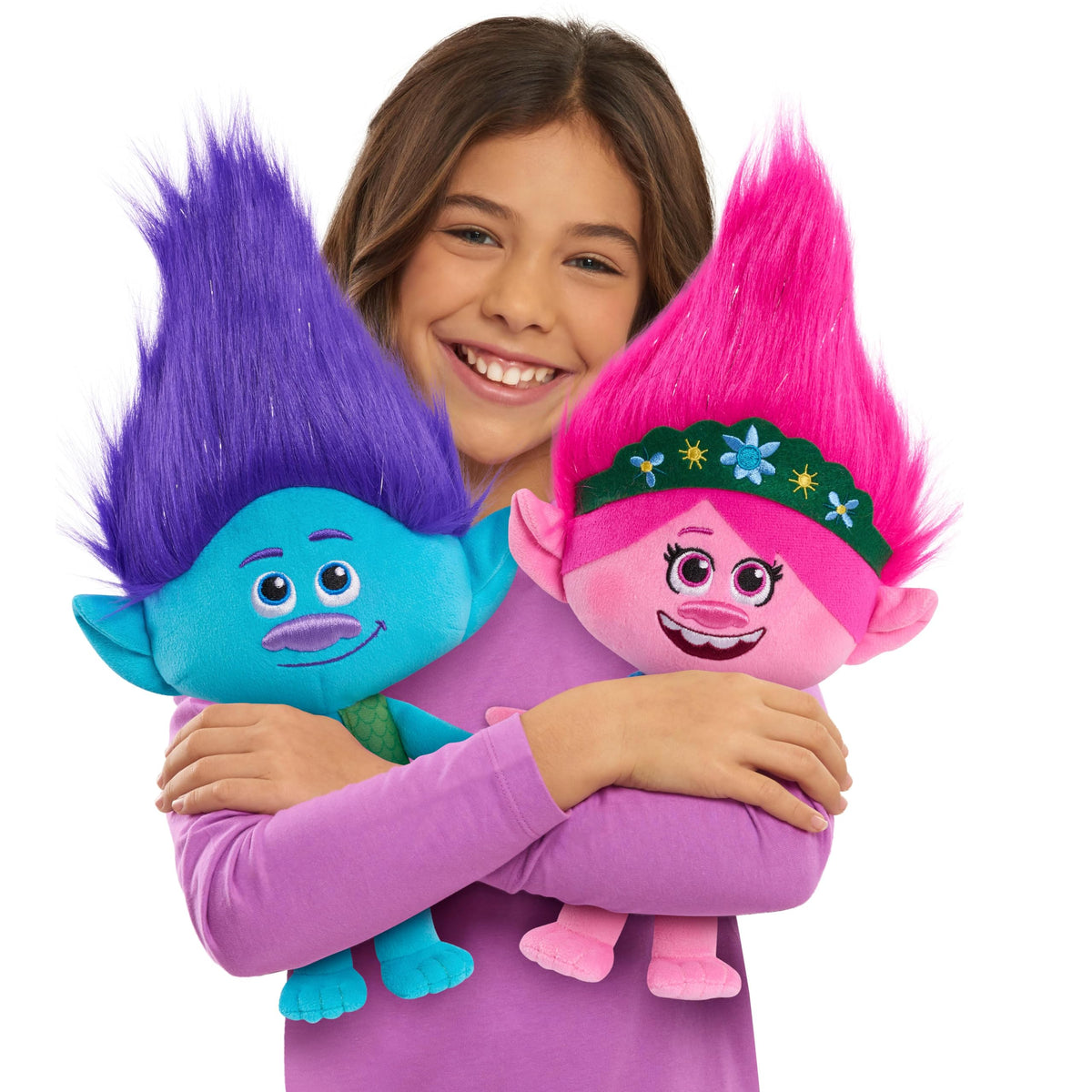 Poppy and Branch hold hands in the 13-inch plush set, promoting friendship storytelling.