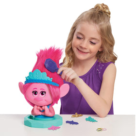 DreamWorks Trolls Poppy styling head with brush and blue tiara for pretend fashion play.