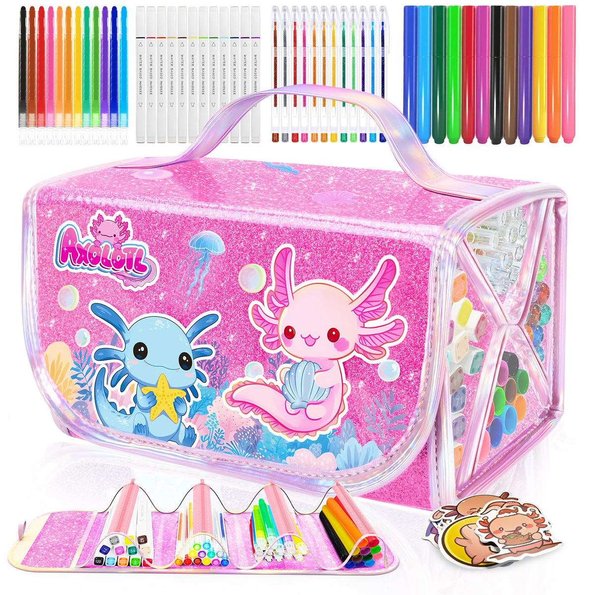 DreamCandy axolotl pencil case shown for portable art on the go