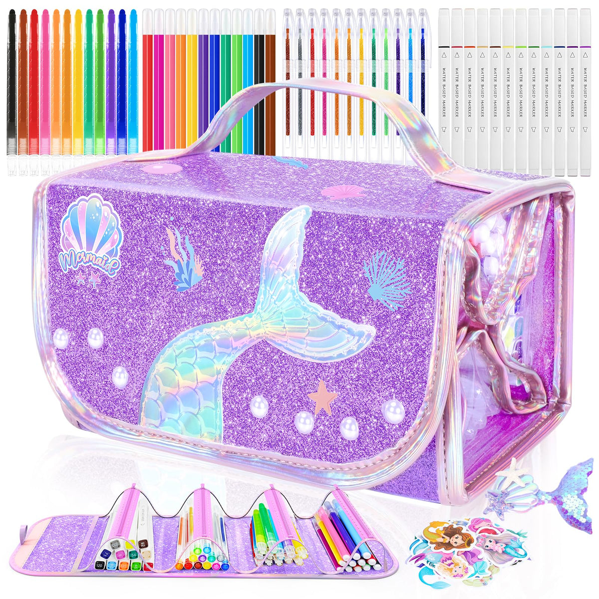 DreamyCandy mermaid pencil case with markers for on-the-go coloring