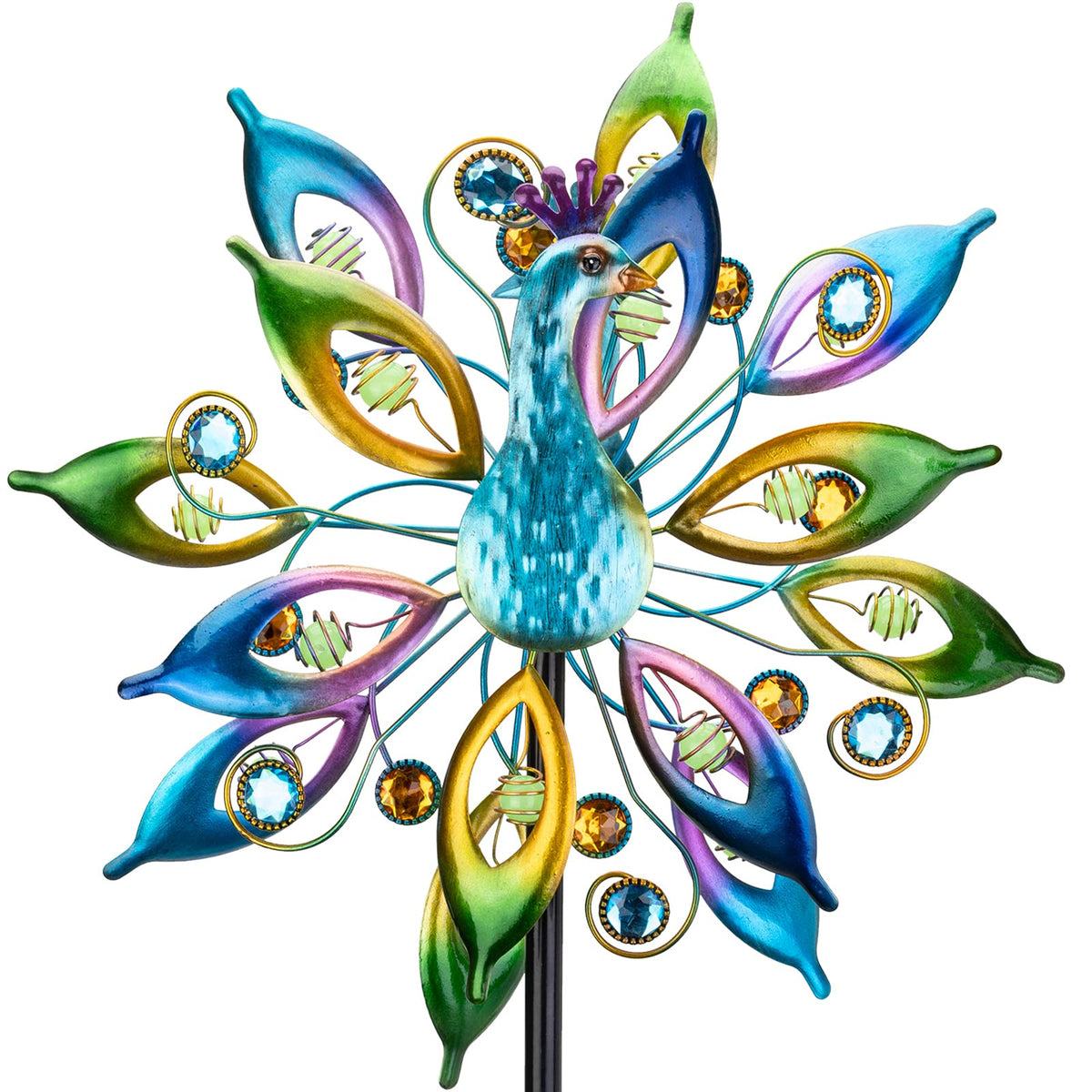 Dreamysoul outdoor peacock wind spinner with gem decor sparkles in sun